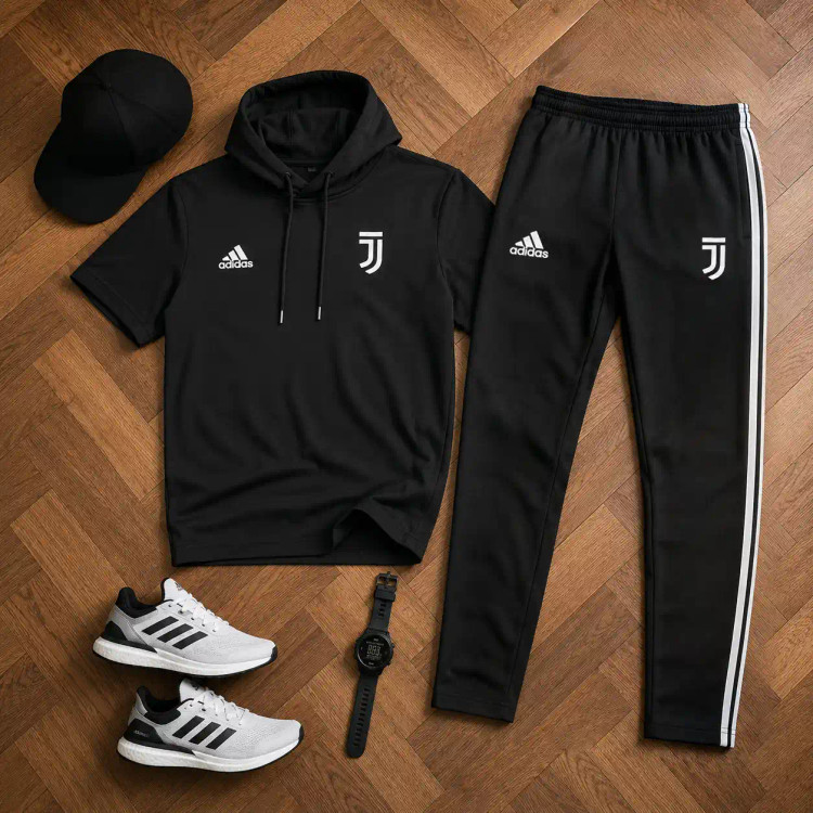 پکیج ست تیشرت کلاهدار و شلوار مردانه مدل Juventus کفش ورزشی مردانه مدل Alshen