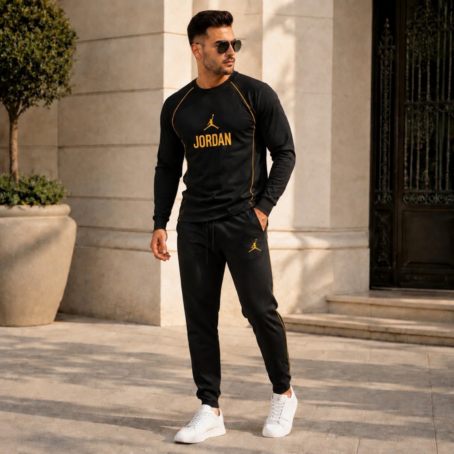ست تیشرت شلوار مردانه آستین بلند مشکی زرد JORDAN مدل 2094