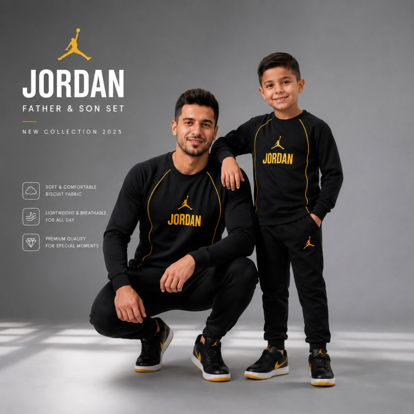 ست تیشرت شلوار مشکی زرد پدر پسری JORDAN مدل 2092
