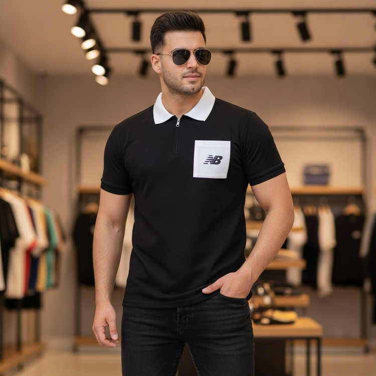 تیشرت نیم زیپ آستین کوتاه مشکی یقه سفید NB مدل 2091