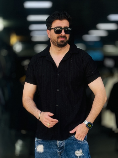 پیراهن کنفی مشکی مردانه کد 4410  K.U.R.O