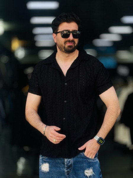 پیراهن کنفی مشکی مردانه کد 4410 K.U.R.O